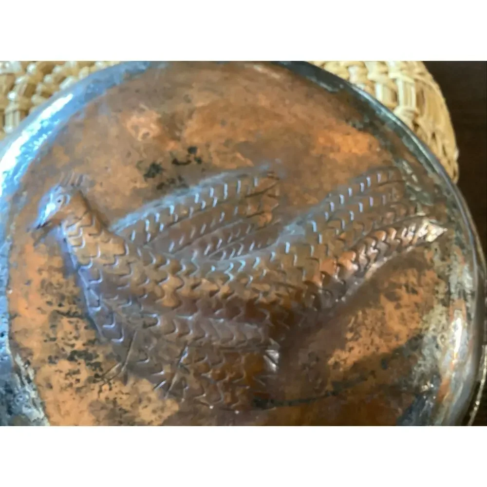 Antique hammered Tinned Copper brass handle primitive Bird Pan 9x 2